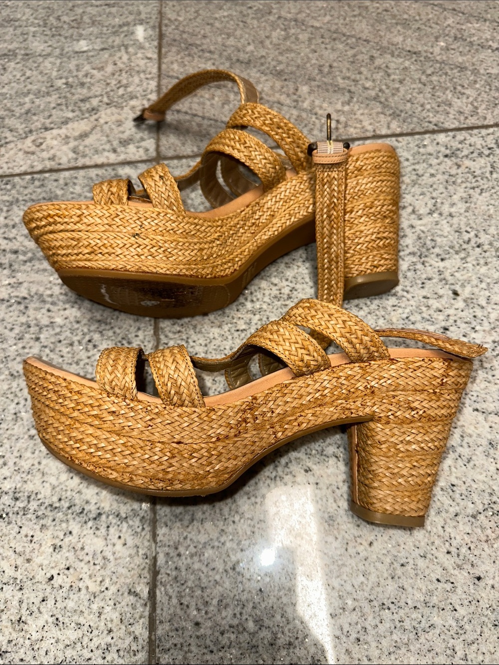 Stuart Weitzman Woven Tan Platform Wedge Sandals - Picture 4 of 5